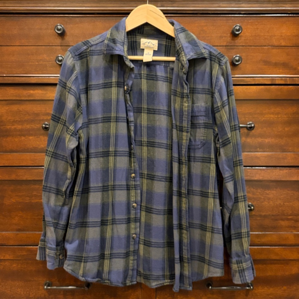 Blue Mountain Men's M Blue Green Plaid Flannel Shirt Long Sleeve Button Up - Picture 2 of 12